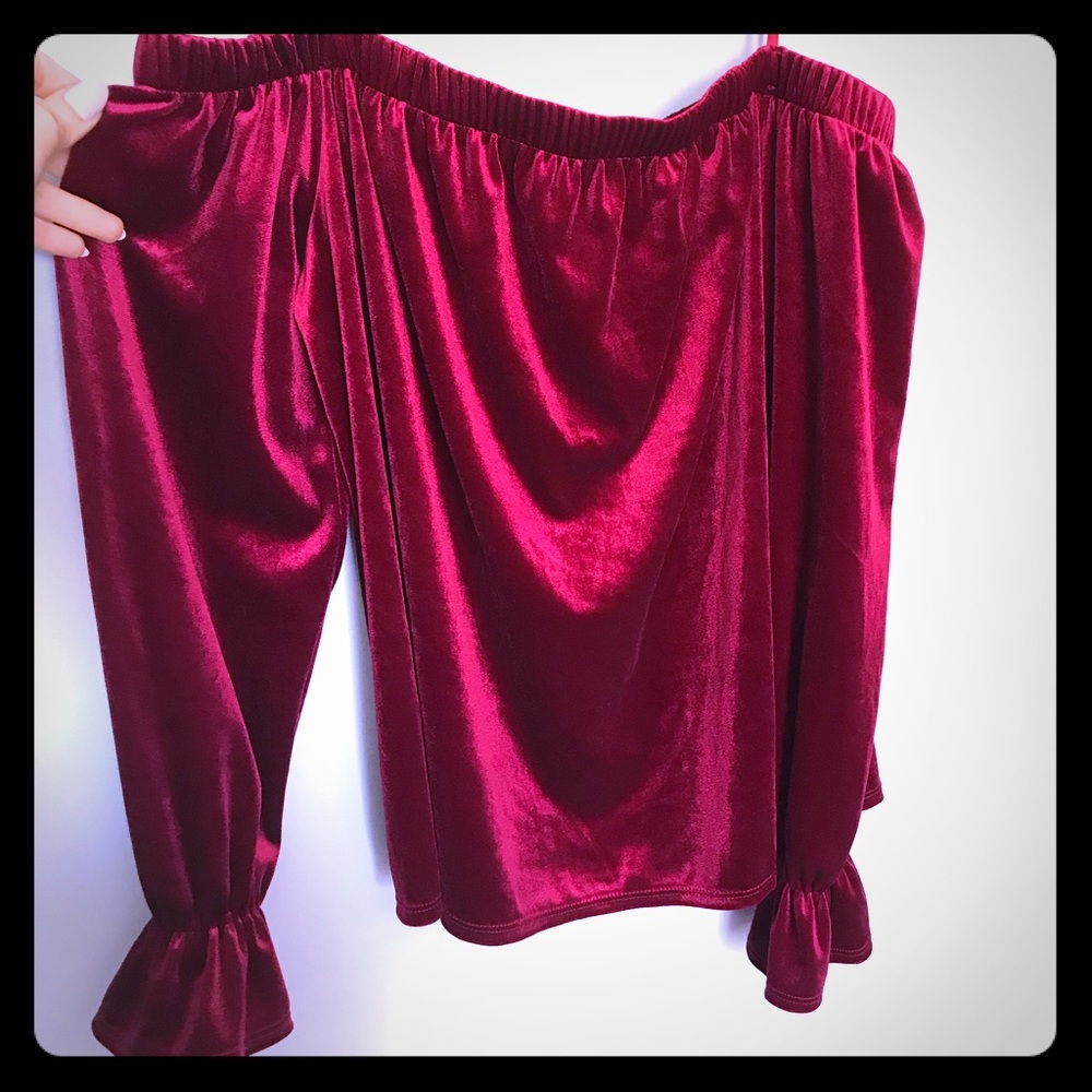 Burgundy velvet bell sleeve off shoulder top